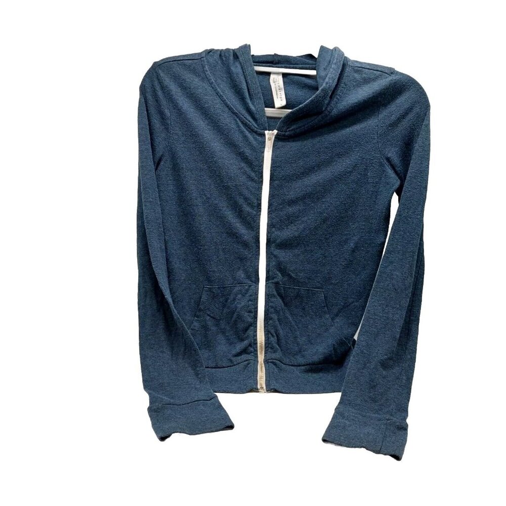 Check & Stripe Zipper Front Hoodie Jacket Womens Size Small Blue Casual